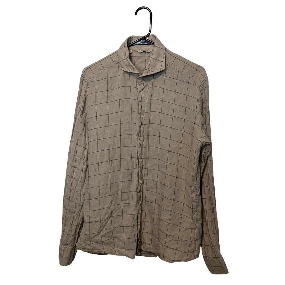 Suitsupply Shirt Mens 16 Large Beige 100% Linen Windowpane Check Button Down